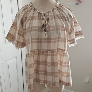 Athropollogie Pilcro Plaid Beige Women's Babydoll Top Small